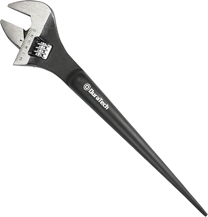 DURATECH 10-Inch Adjustable Construction Spud Wrench, Black Oxide Finish, CR-V Steel, SAE and Metric Scale Marked, Alignment Holes and Tail Crowbar Features