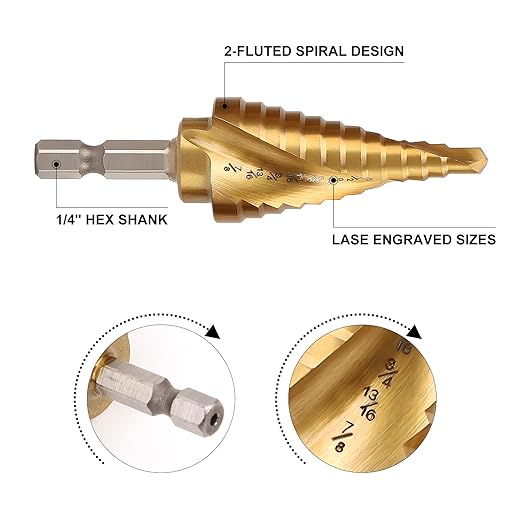 COMOWARE 3PCS Titanium HSS Step Drill Bit Set with 1/4" Hex Shank, Automatic Center Punch, Two-Flute Impact Design, Ideal for Metal, Stainless Steel, Wood, Plastic