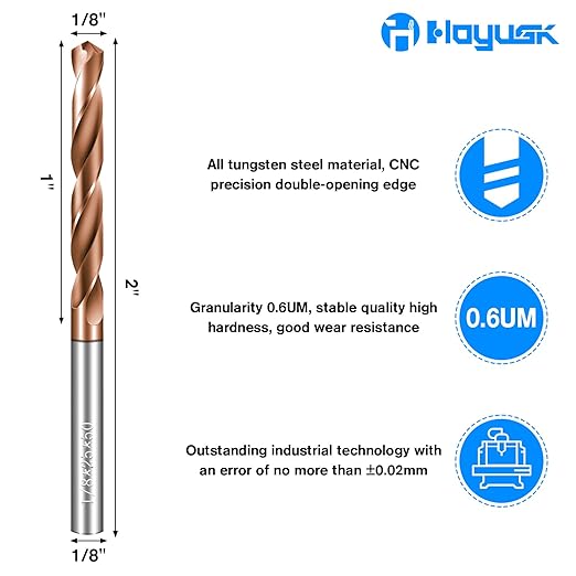 Solid Carbide 1/8" Drill Bits, Tungsten Carbide Drill Bit Set with TISIN Coated, Metal Drill Bit Set for Stainless Steel Hardened Steel Cast Iron Alloy Copper, 5 Pcs