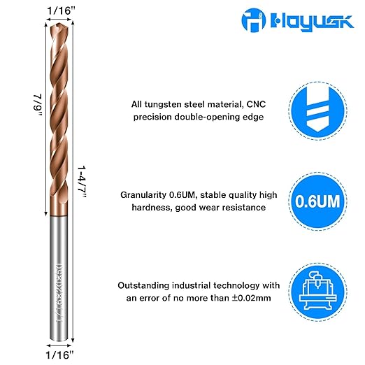 Solid Carbide 1/16" Drill Bits, Tungsten Carbide Drill Bit Set with TISIN Coated, Metal Drill Bit Set for Stainless Steel Hardened Steel Cast Iron Alloy Copper, 5 Pcs
