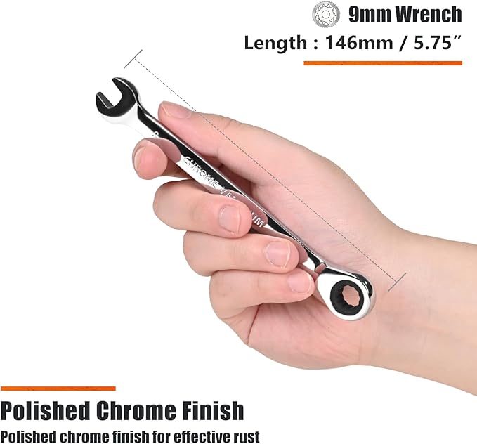 Egofine 9mm Ratcheting Combination Wrench Metric, Industrial Grade Gear Spanner with 12-Point Design, 72-Tooth Ratchet, Chrome Vanadium Steel