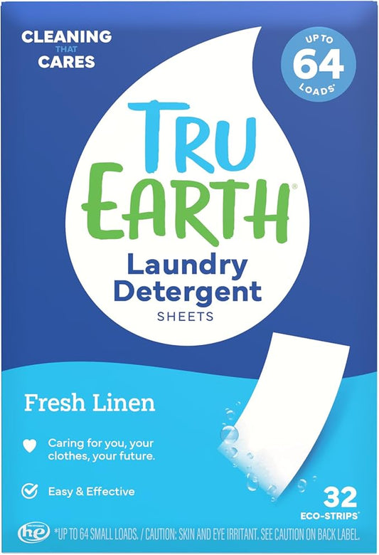 Tru Earth Compact Dry Laundry Detergent Sheets - Up to 64 Loads (32 Sheets) - Paraben-Free - Original Eco-Strip Liquidless Detergen - Fresh Linen | Packaging May Vary