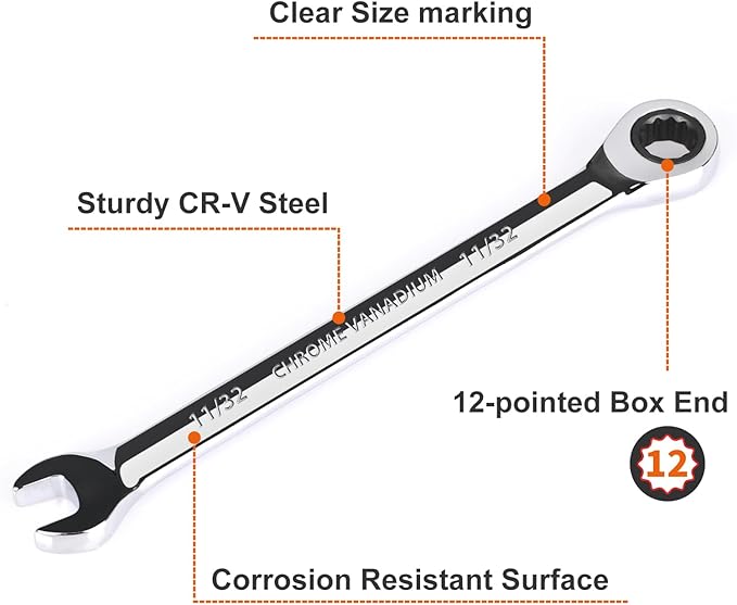 Egofine 11/32 inch Ratcheting Combination Wrench SAE, Industrial Grade Gear Spanner with 12-Point Design, 72-Tooth Ratchet, Chrome Vanadium Steel