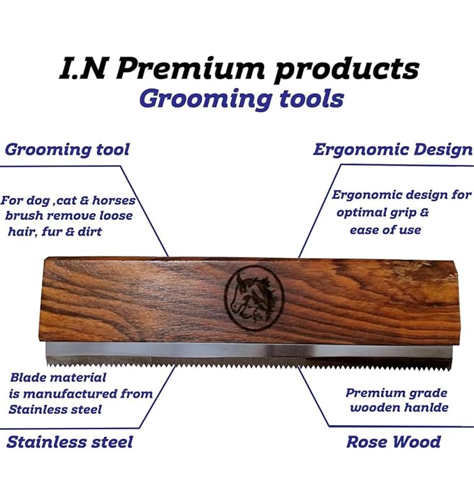 Original Deshedding Grooming Tools for Horse, Cats & Dogs Easy Ergonomic Wooden Handle Professional Brush Grooming Tool, Remove painlessly 95 Percent of Lose Hair Fur & Dirt (8 inch)