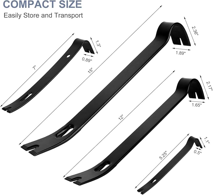 4-Piece Flat Pry Bar Set - 15",12",7",5.25" Heavy Duty Nail Puller, Utility Claw Bar, Wonder Bar, Crowbar, Mini Pry Bar, High Carbon Steel Forged Nail,baseboard and trim removal tool kit