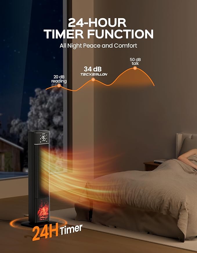 32.3" Portable Space Heaters for Indoor Use Large Room, 1500W Tower Electric Space Heater with 3D Flame, PTC Ceramic Space Heaters with Remote (Black, 33-inch)
