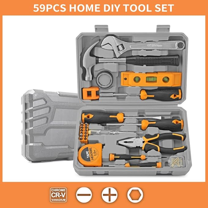 59 Piece Household Tool Kit, Portable Magnetic Hand Tool Set, for Home, Garage, and Office Repairs