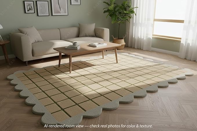 Scalloped Border Wool Area Rug with Windowpane Grid, Hand-Tufted, Beige-Blush with Sage Lines & Light Purple Edge - Soft High-Low Pile for Living Room, Bedroom, Nursery - 2.5x12 Ft (Runner)