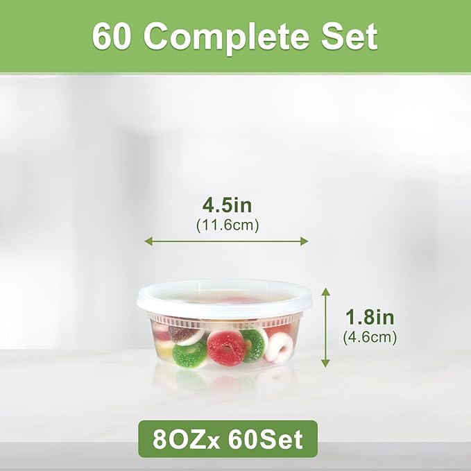60 Sets (120-Piece) Deli Containers with Lids 8 oz, Leak-Proof & BPA Free Airtight Takeout Plastic Food Storage Containers for Soup, Freezer/Microwave/Dishwasher Safe