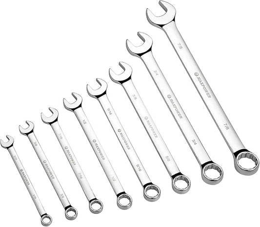 MAXPOWER 8PCS SAE Combination Wrench Set, Professional Open and Box End Spanners with Mirror Finish, Made with Forged and Heat-Treated Cr-V Steel, 12-Point Design, Size Includes 5/16in - 7/8in