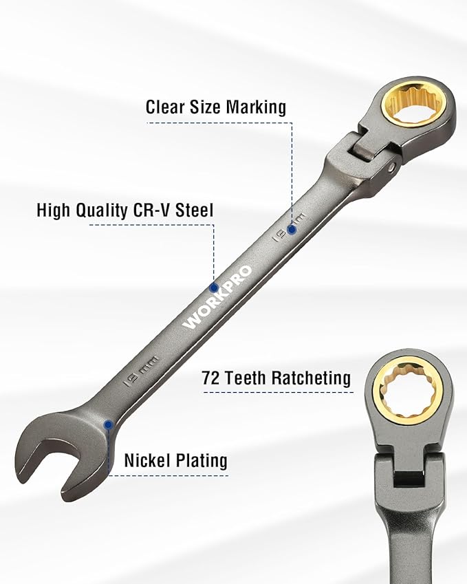 WORKPRO 19 mm Flex-Head Ratcheting Combination Wrench, Cr-V Constructed, Nickel Plating, 72-Teeth, 12 Point Design, Metric