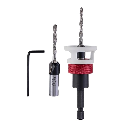 Countersink Drill Bit, 1/8" x3/8" Carbide Tipped Drill Bits with Depth Stop, 1/4" Quick Change Hex Shank Countersink Drill with Replaceable HSS Pilot Drill Bit for Plastic, Woodworking