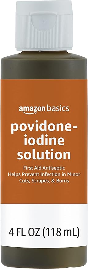 Amazon Basics First Aid Antiseptic, 10% Povidone Iodine Solution, 4 Fluid Ounces, 4-Pack (Previously Solimo)