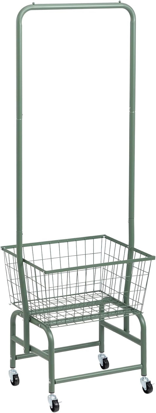 ALIMORDEN Laundry Cart with Clothes Rack, Rolling Laundry Butler with Wire Storage Rack，Green
