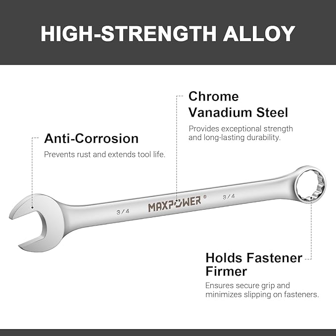 MAXPOWER 3/4 Inch Combination Wrench, Durable Cr-V Steel with Precise 12 Point Box End, Off-Corners Design, 15-Degree Offset