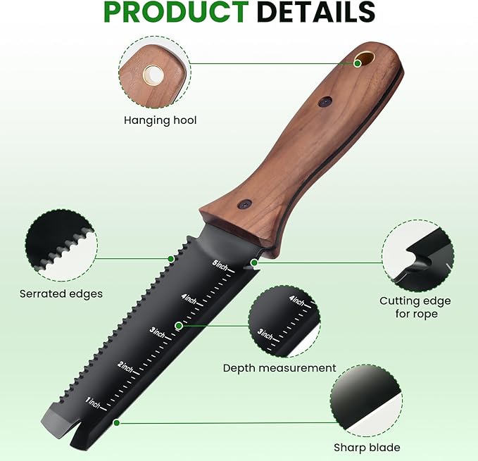 Hori Hori Garden Knife, Garden Tools with Sheath, 6" Stainless Steel Blade with Cutting Edge, Full-Tang Walnut Ergonomic Wood Handle with Hanging Hole, Weeding, Planting, Digging