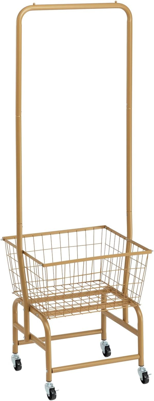 ALIMORDEN Laundry Cart with Clothes Rack, Rolling Laundry Butler with Wire Storage Rack，Gold