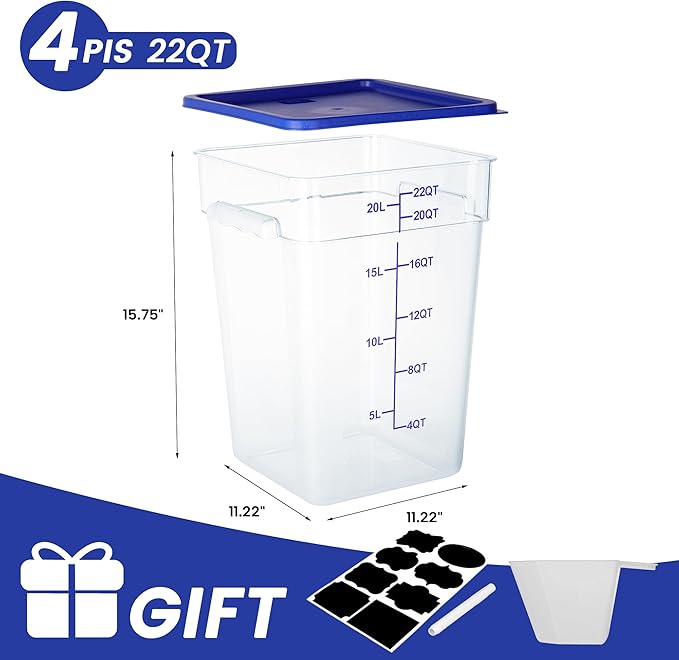 4 Pack Food Storage Containers, 22 Quart with Lids, Square Commercial Containers with Scale, NSF, Polycarbonate, Clear