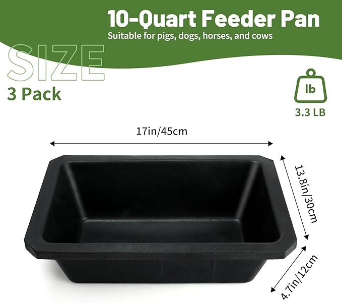 3Pcs Large Rubber Feeder Pan, 10 Quart/2.5 Gallon Horse Feed Bucket Water Bowl, Heavy Duty Water Troughs for Livestock Chicken Dust Bath Tub for Pig Goats Horses Farm Animal Feeding