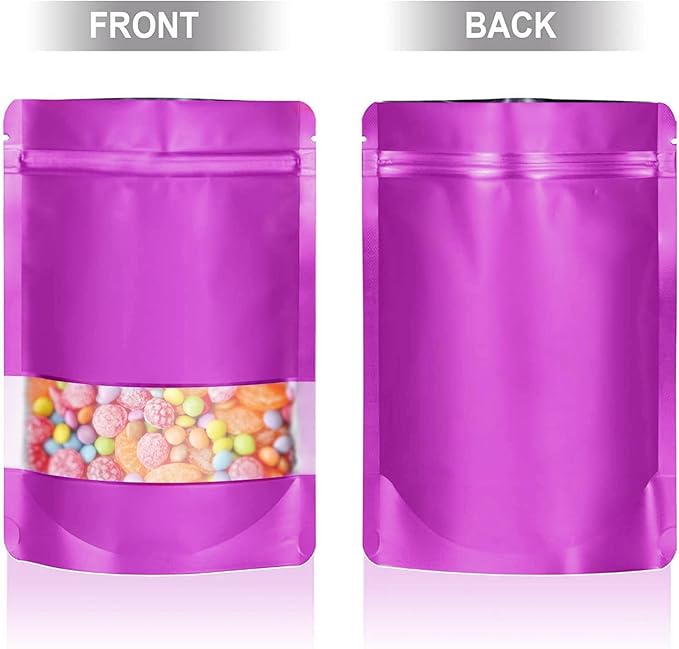 5.5"x7.8" 120pcs Mylar Bags for Food Storage,Smell Proof Bag with Matte Window Resealable Food Storage Bags for Small Business, Stand-up Foil Pouch Packaging Freeze Dried Candy Bag（Purple）
