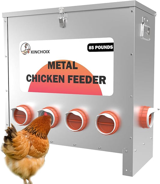 Metal Chicken Feeder Large Capacity 85lbs Automatic Metal Rat Proof Chicken Feeders No Waster Weatherproof Poultry Feeder for Chickens, Geese, Ducks, Turkeys, Quails (6-Port)