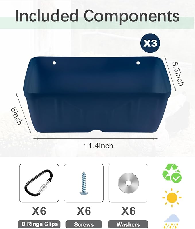 Chicken Feeders, 3 Pack, Duck Feeders and Waterers, Hanging Poultry Water Feeder, Livestock Fence Feeder, Feed Trough and Waterer Bucket with Clips, Blue