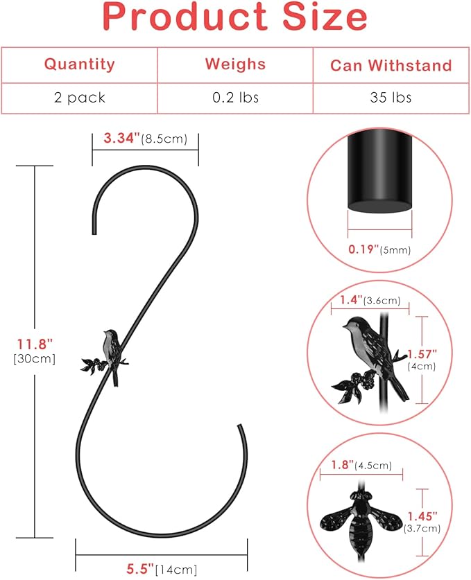 PACETAP Hummingbird Feeder Hook 12-Inch, 2PCS Black Metal Bird Feeders Hanger, Heavy Duty Outdoor Indoor Plant Hangers for Hanging Plants, Wind Chimes, Other Ornaments