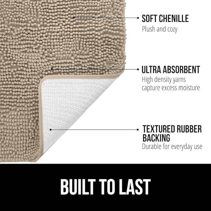 GORILLA GRIP Bath Rug Mat 30x20, Thick Absorbent Chenille, Quick Dry Microfiber Mats, Rubber Backing Washable Shower Floor Rugs, Bathmat Runner, US Designed Bathroom Home Decor Accessories Gray Beige