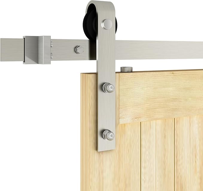 JUBEST 6 FT Brushed Nickel Sliding Barn Door Hardware Kit Smoothly and Quietly Hanger Roller Flat Track Kit, J Shape Roller Heavy Duty Nickle Barn Door Track,Easy to Install