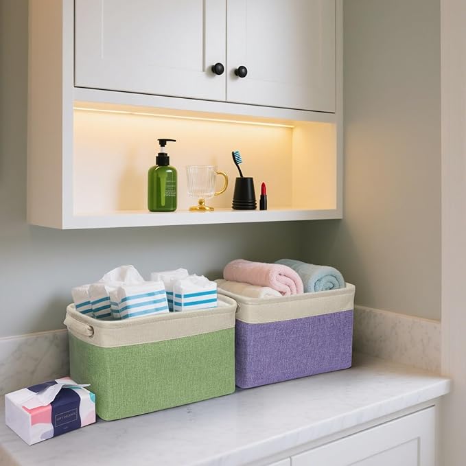 BALEINE 3 Pack Fabric Storage Bins for Shelves, Linen Storage Baskets for Organizing, Decorative Closet Bins for Clothes, Home (Skyblue, 12"x8"x8")