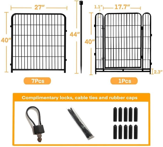 Garden Fencing 40 inch High, 8 Panels Total 17.7 Ft(L), Gate 17.7 Inches Wide with Low Sills, Dog Fence Outdoor for Yard. Rabbit Fence for Garden, Large Dog Pen, Border Fencing for Flower Beds