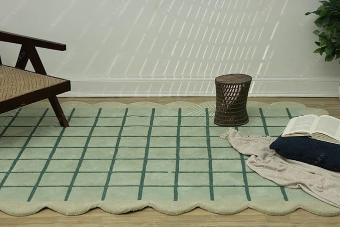 Mint Green Scalloped Edge Wool Area Rug with Checker Grid Design, Hand-Tufted Soft Carpet for Living Room, Bedroom, Nursery, Kids & Playroom Décor - 2.5x11 Ft (Runner)