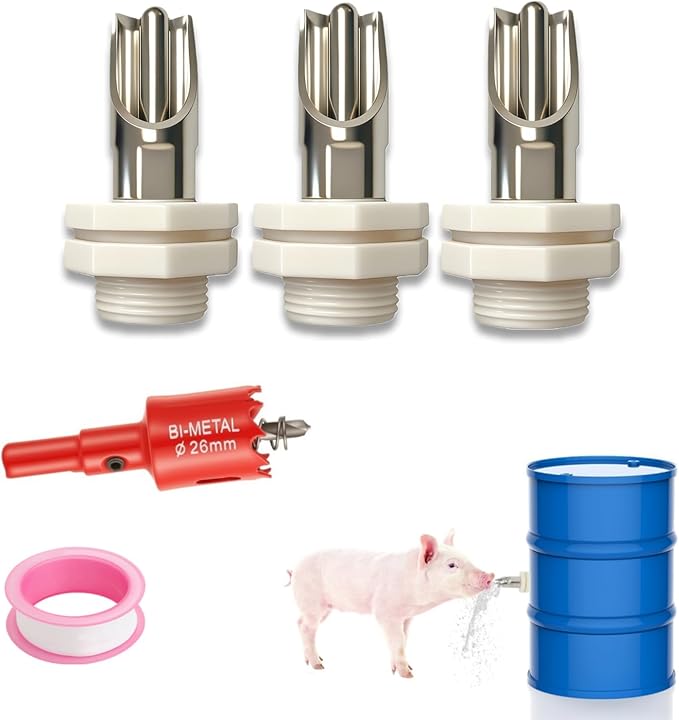 3 Pack Stainless Steel Pig Waterer Nipple Kit, Complete Set with Hole Saw & Tape, Automatic Nipple Drinker for Hogs, Goats, Rabbits, Poultry, Pig Nipple Waterer for Barrel Kit, Rabbit Watering System