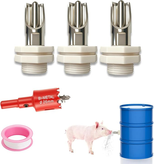 3 Pack Stainless Steel Pig Waterer Nipple Kit, Complete Set with Hole Saw & Tape, Automatic Nipple Drinker for Hogs, Goats, Rabbits, Poultry, Pig Nipple Waterer for Barrel Kit, Rabbit Watering System