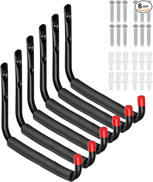 6 Pack Garage Hooks Heavy Duty, Utility Steel Hooks with EVA Foam Padding, 11.4inch Wall Mount J Organizer Hanger for Hanging Bikes Kayak Garden Tool Hose Bike Shelf