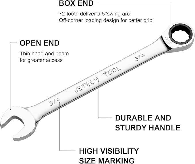 Jetech 3/4 Inch Ratcheting Combination Wrench, Industrial Grade Gear Span, 72-Tooth Ratchet, Made with Forged and Heat-Treated Cr-V Steel in Chrome Plating, SAE