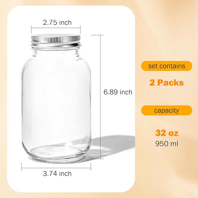 Mason Jars with Lids 32 oz, 2 Pack Regular Mouth Glass Canning Jars for Food Storage, Juice, Jam, Candies, Snack