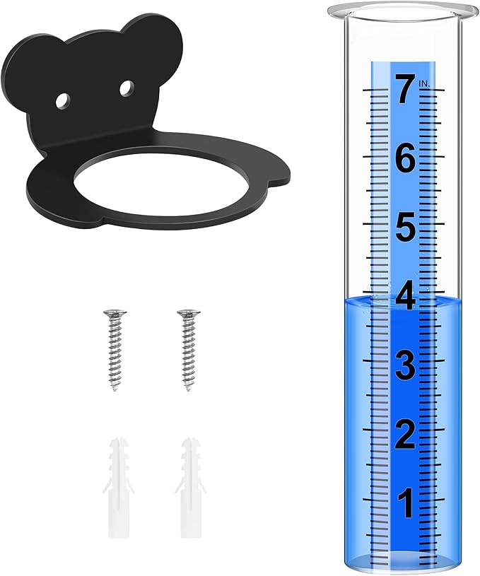Rain Gauge Outdoor, Rain Gauge Replacement Tube with Stainless Steel Mounting Rack Holder, 7" Clear Large Numbers Rain Gauge Measuring Tool for Garden Yard Lawn Patio Yard Fence and Farm Use (Bear)