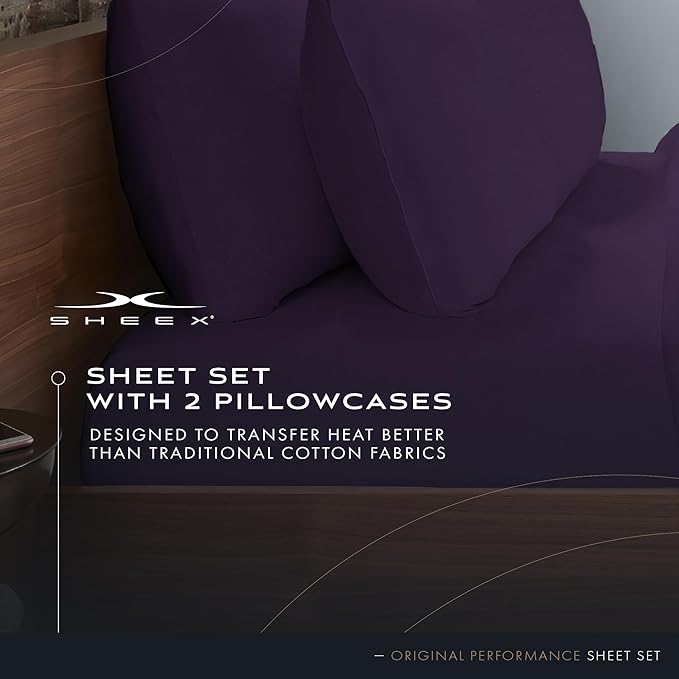 SHEEX - Original Performance Sheets Set (King/California King) Royal Plum - Cooling Sheets - Moisture Wicking - 1 Flat Cooling Sheet, 1 Fitted Cooling Sheet, 2 Pillow Covers- Wrinkle Free- Sleep Aid