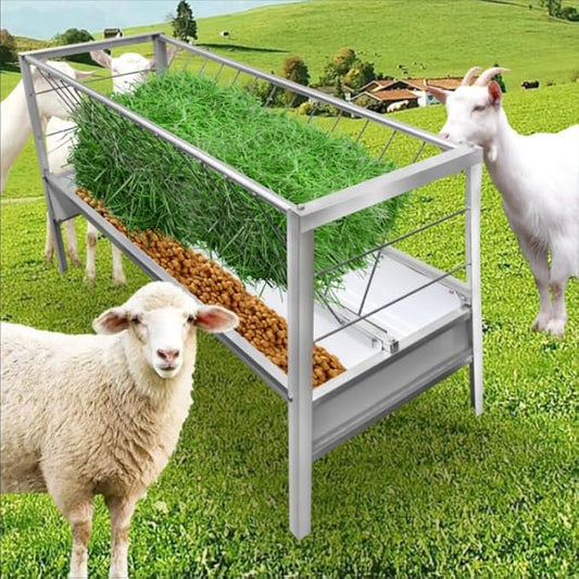 77 Gallon Hay Feeder with Dual 55 Gallon & 22 Gallon Troughs, Heavy Duty Stainless Steel Design for Sheep, Goats, Cows, and Horses