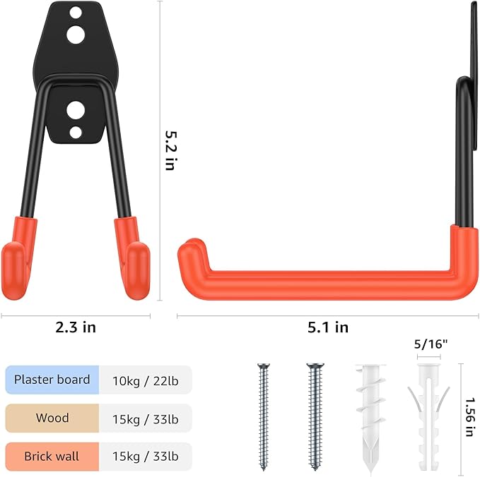 Garage Hooks with Anti-Slip Coating,Heavy Duty Wall Mount Storage Hooks for Hanging Bike,Hose,Ladder,Yard,Garden Tools (4 Pack Orange 5.2x5.1 Inch)