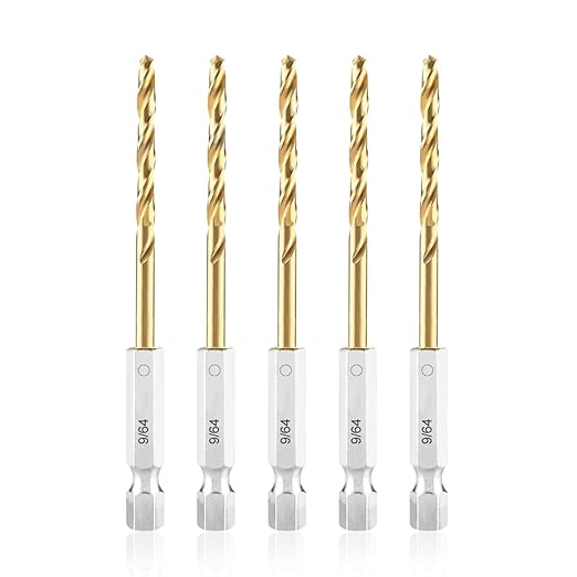 amoolo 9/64 Twist Drill Bit Set, 5Pcs Titanium HSS Hex Shank Impact Drill Bit Set for Metal, Steel, Wood, Plastic, Quick Change Design