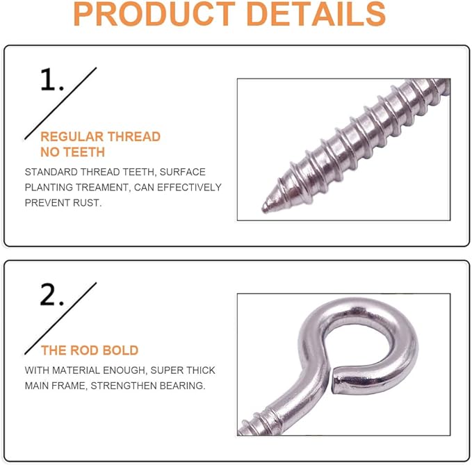Pack of 12 M6 Metal Hooks, heavy-duty304 Stainless Steel Screw Hooks, self-Tapping Eye-Ring Bolt Hooks, Hole Hooks, Strong Indoor and Outdooreye Hooks