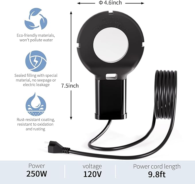 3PCS 250 Watt Bird Bath De-Icer with Thermostat, Cast Aluminum Submersible Chicken Water Heater, Heated Bird Bath, Power Cord 9.8 Ft