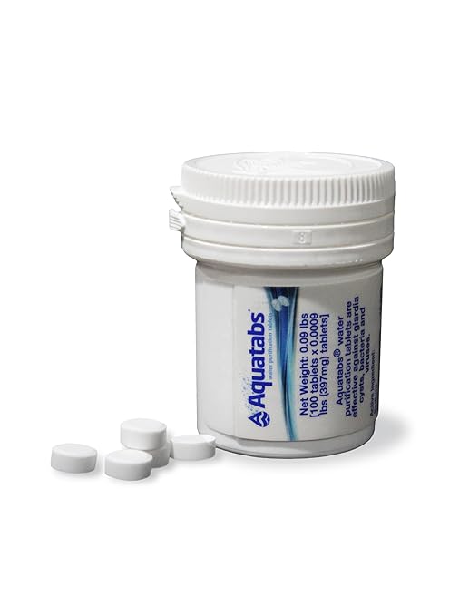 Aquatabs 397mg Water Purification Tablets (100 Pack). Water Filtration System for Camping, Boating, Emergency Water, Survival, and Marine. Easy-to-Use Water Purifier Treatment.