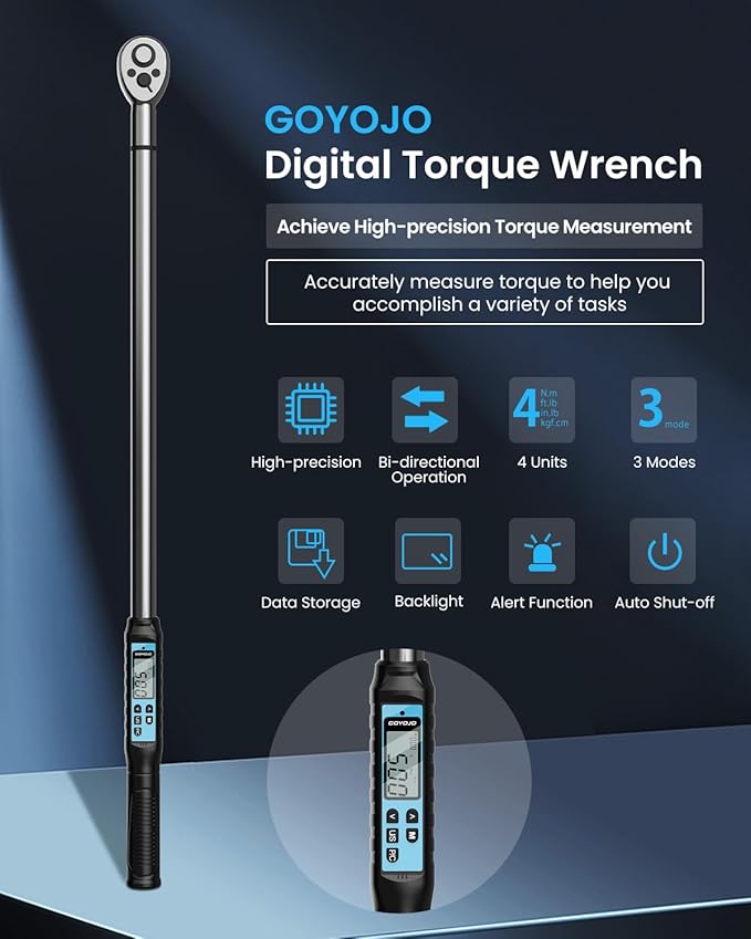 3/4-Inch Heavy Duty Digital Torque Wrench 11~369 ft-lb/15~500Nm, for Heavy Machinery, Construction Equipment & Industrial Assembly, with ±2% Accuracy, Vibration, Buzzer and LED Flash Notification