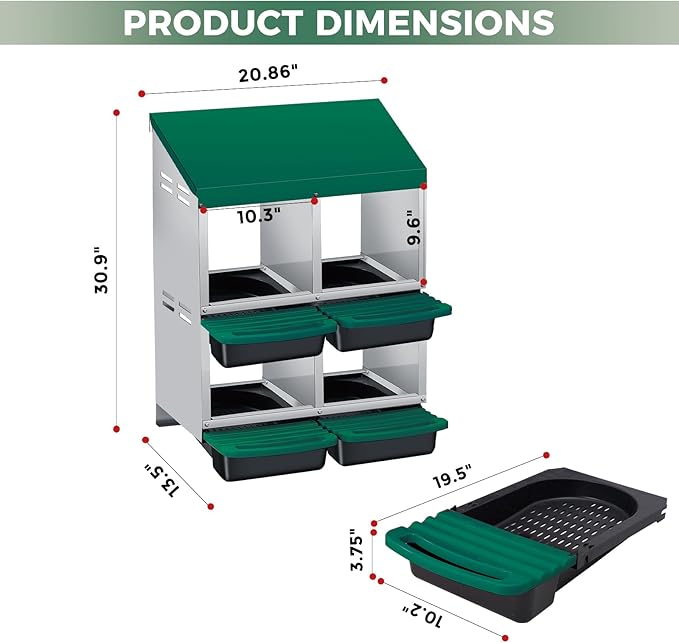 GarveeLife Chicken Nesting Box, 4 Compartments Laying Nest Boxes for Laying Eggs Chicken Brooder Box Nest Box with Perch 2x2 Hole Green