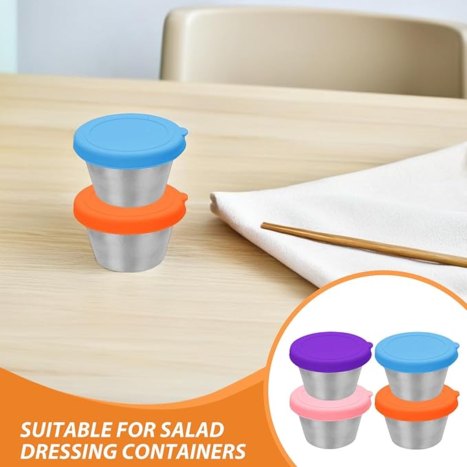 ABOOFAN 8pcs Salad Dressing Containers with Silicone Lids Leakproof Small Sauce Containers Reusable Stainless Steel Sauce Cups for Lunch Box Picnic And Travel