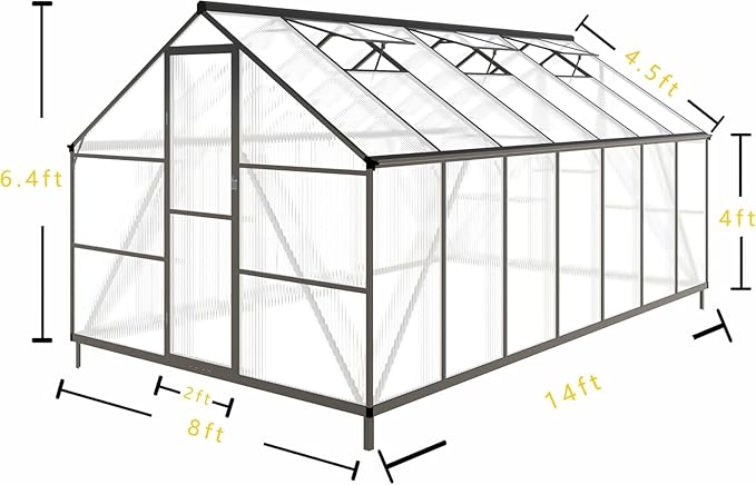 CQZY 8x14 FT Greenhouse for Outdoors, Polycarbonate Greenhouse with Quick Setup Structure and Roof Vent, Aluminum Large Walk-in Green House for Outside Garden Backyard, Dark Gray