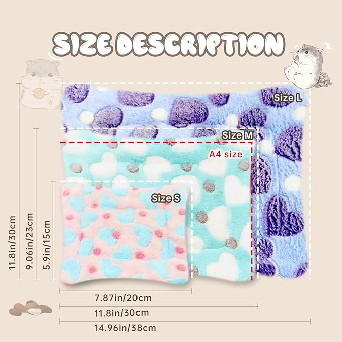 4 Pieces Guinea Pig Bunny Comfortable Bed Mats Pads, Rabbit Warm Soft Bed, Hamster Bedding Pad Mats for Small Animals Chinchilla Hedgehog Baby Cats (7.9"x5.9", 1.Hearts Pattern)